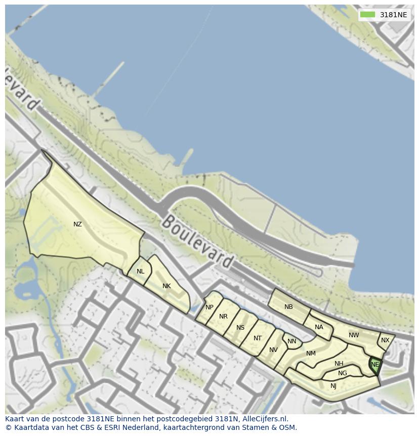 Afbeelding van het postcodegebied 3181 NE op de kaart.