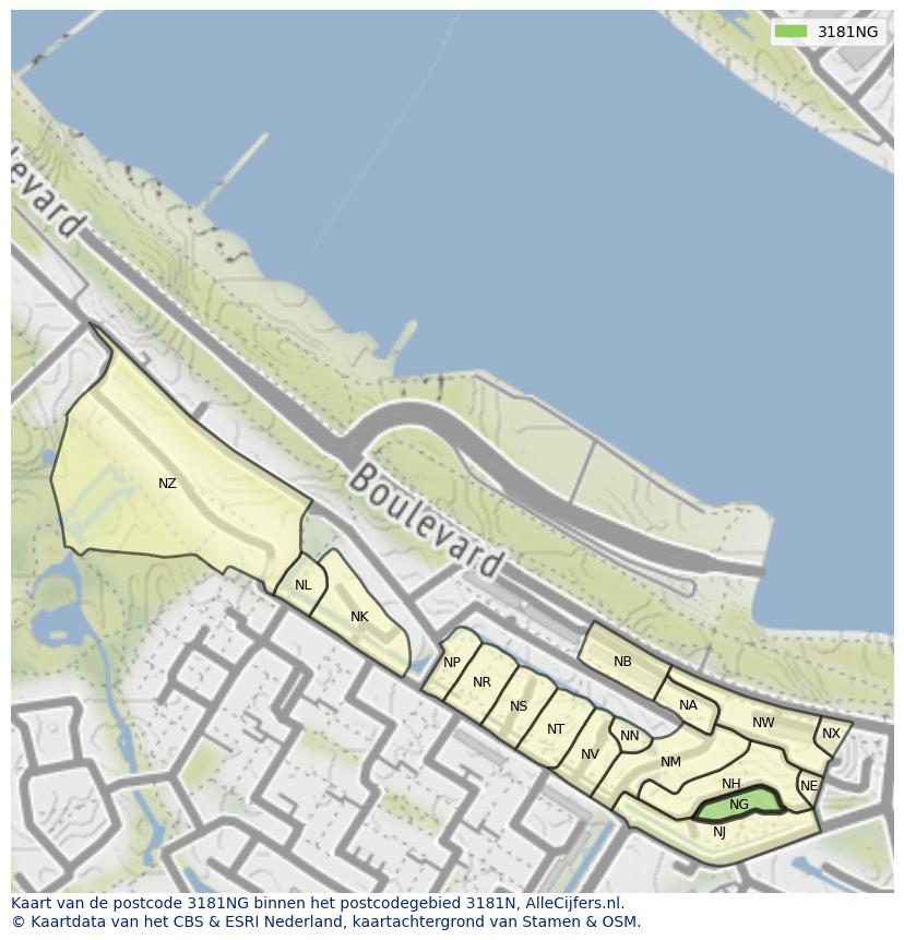 Afbeelding van het postcodegebied 3181 NG op de kaart.