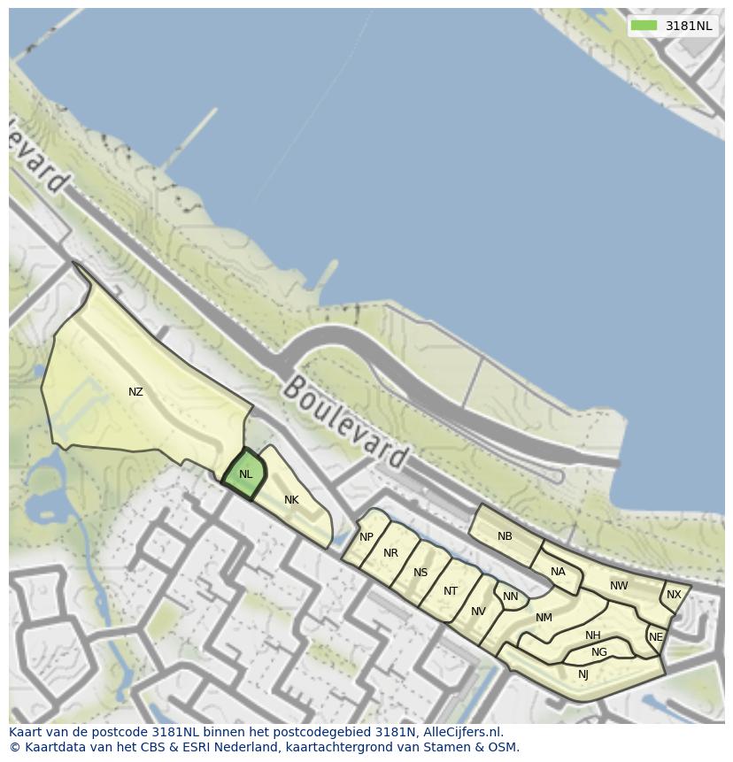 Afbeelding van het postcodegebied 3181 NL op de kaart.