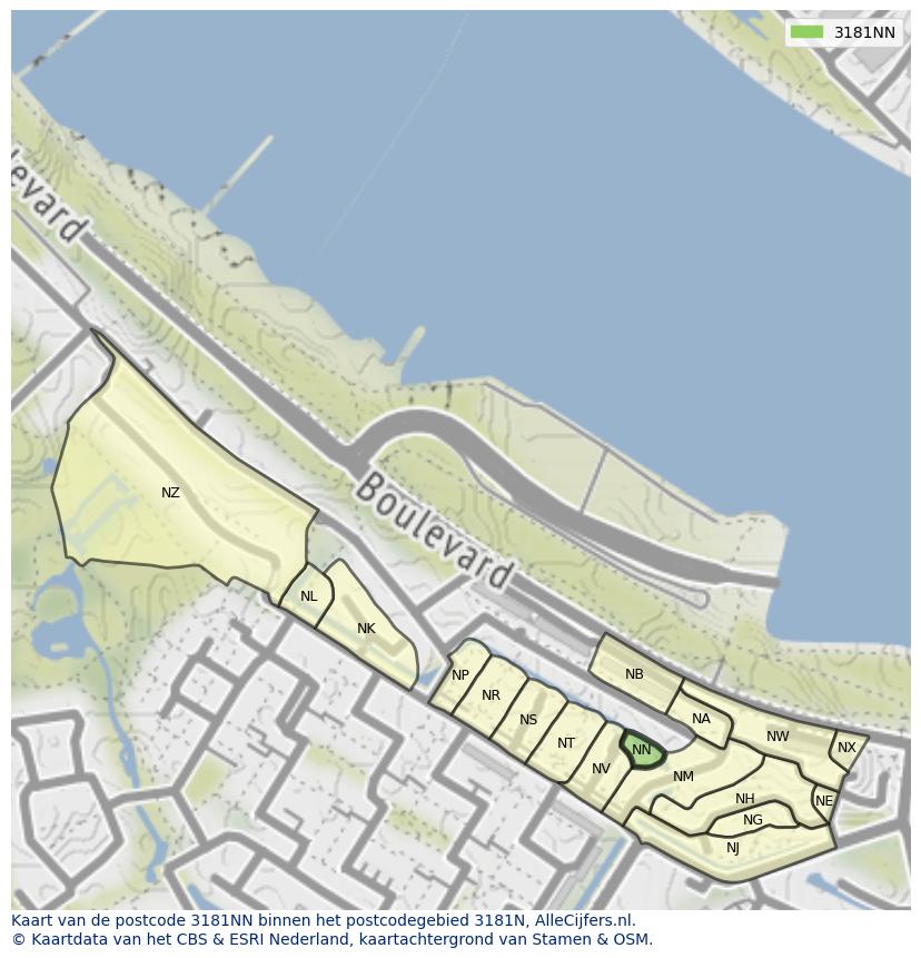 Afbeelding van het postcodegebied 3181 NN op de kaart.