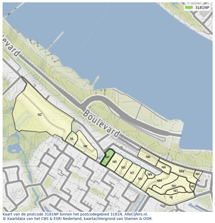 Afbeelding van het postcodegebied 3181 NP op de kaart.