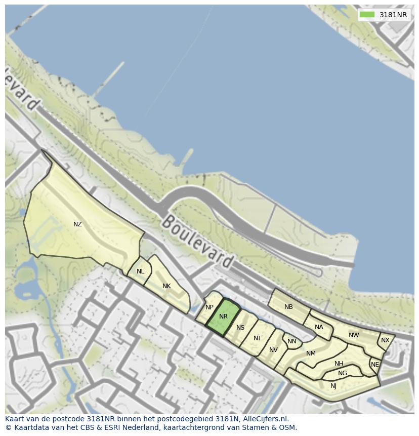 Afbeelding van het postcodegebied 3181 NR op de kaart.