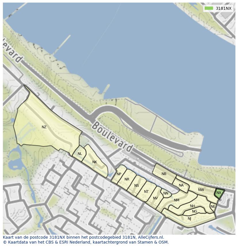 Afbeelding van het postcodegebied 3181 NX op de kaart.