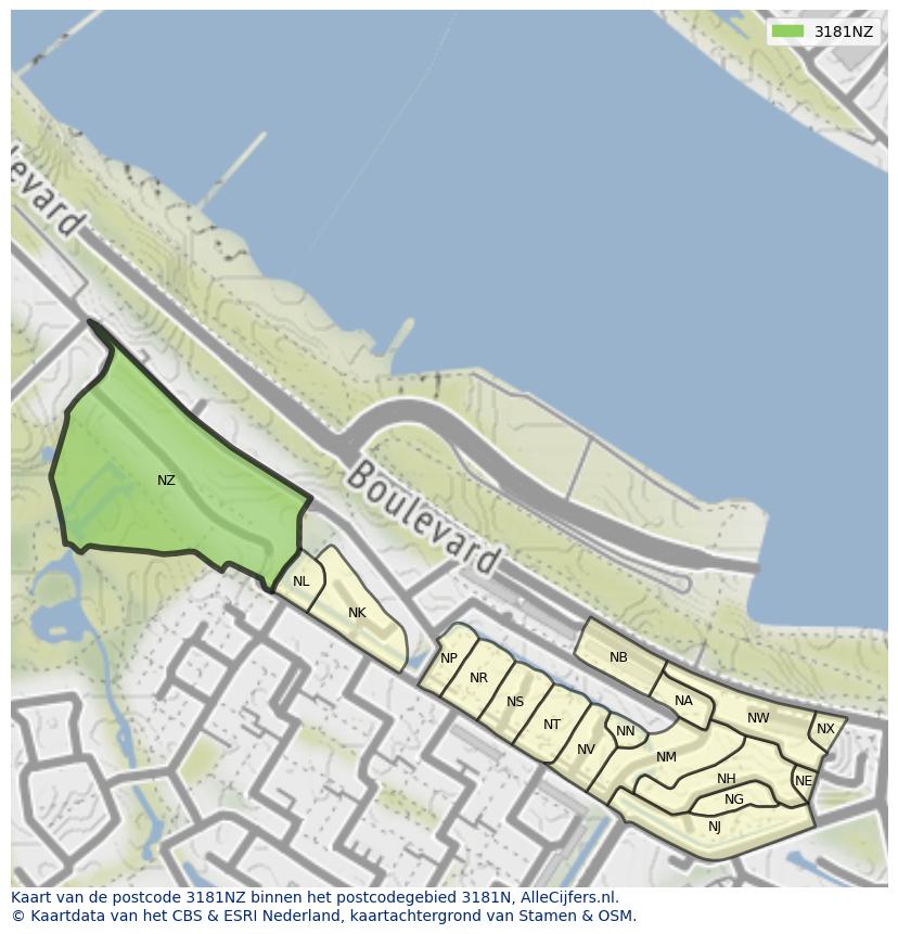 Afbeelding van het postcodegebied 3181 NZ op de kaart.