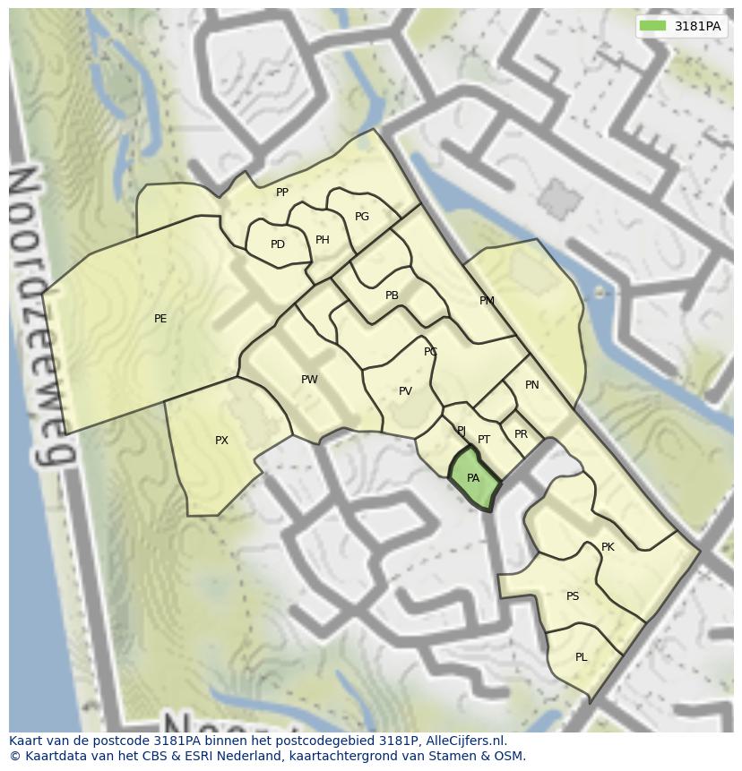 Afbeelding van het postcodegebied 3181 PA op de kaart.