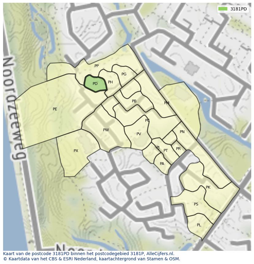 Afbeelding van het postcodegebied 3181 PD op de kaart.