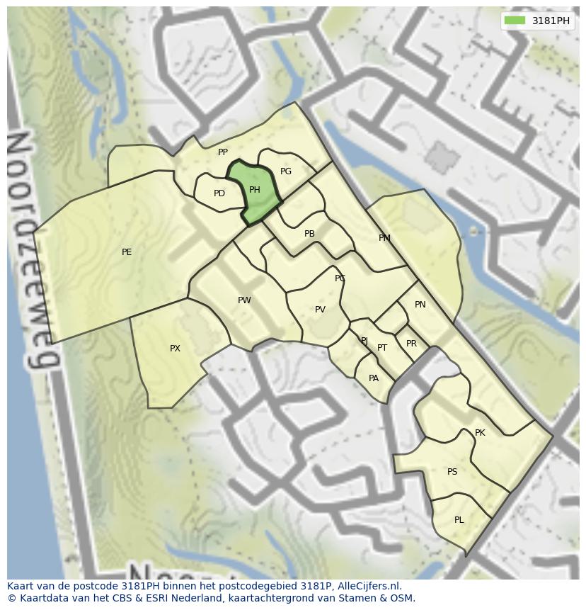 Afbeelding van het postcodegebied 3181 PH op de kaart.