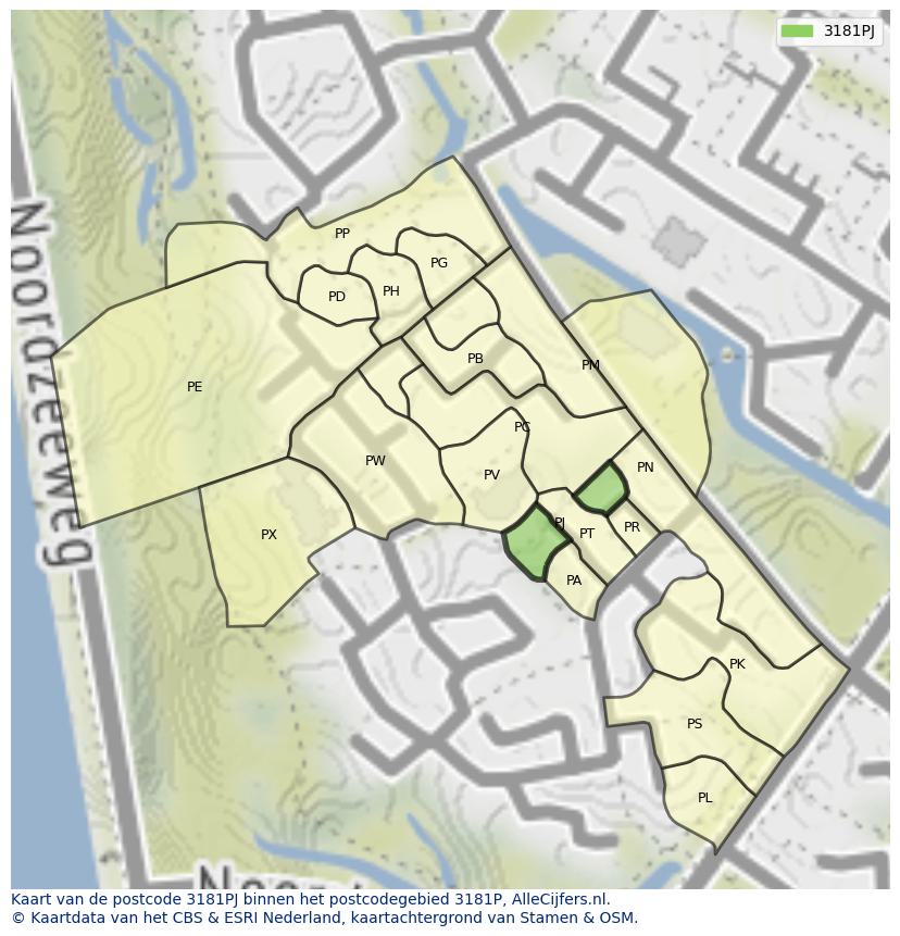 Afbeelding van het postcodegebied 3181 PJ op de kaart.