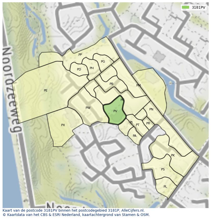 Afbeelding van het postcodegebied 3181 PV op de kaart.