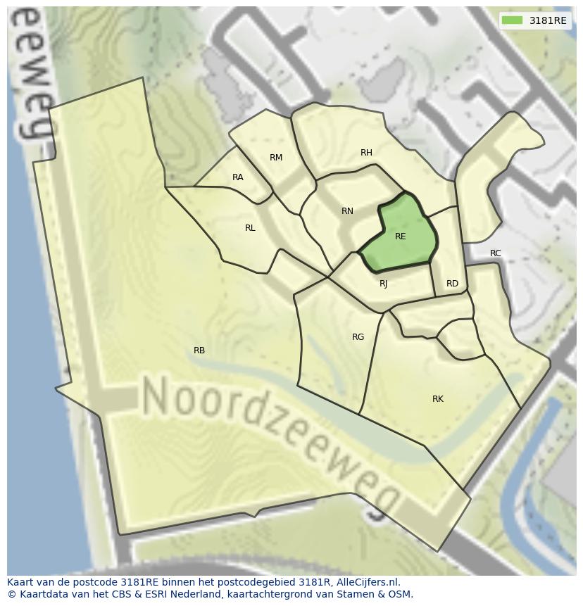 Afbeelding van het postcodegebied 3181 RE op de kaart.