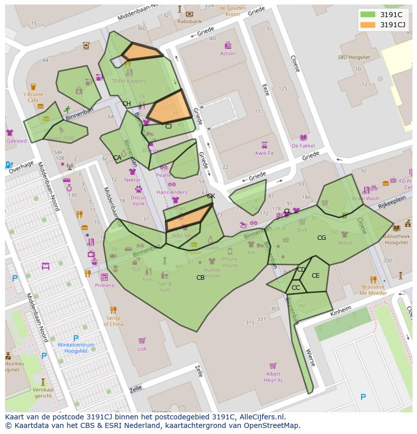 Afbeelding van het postcodegebied 3191 CJ op de kaart.