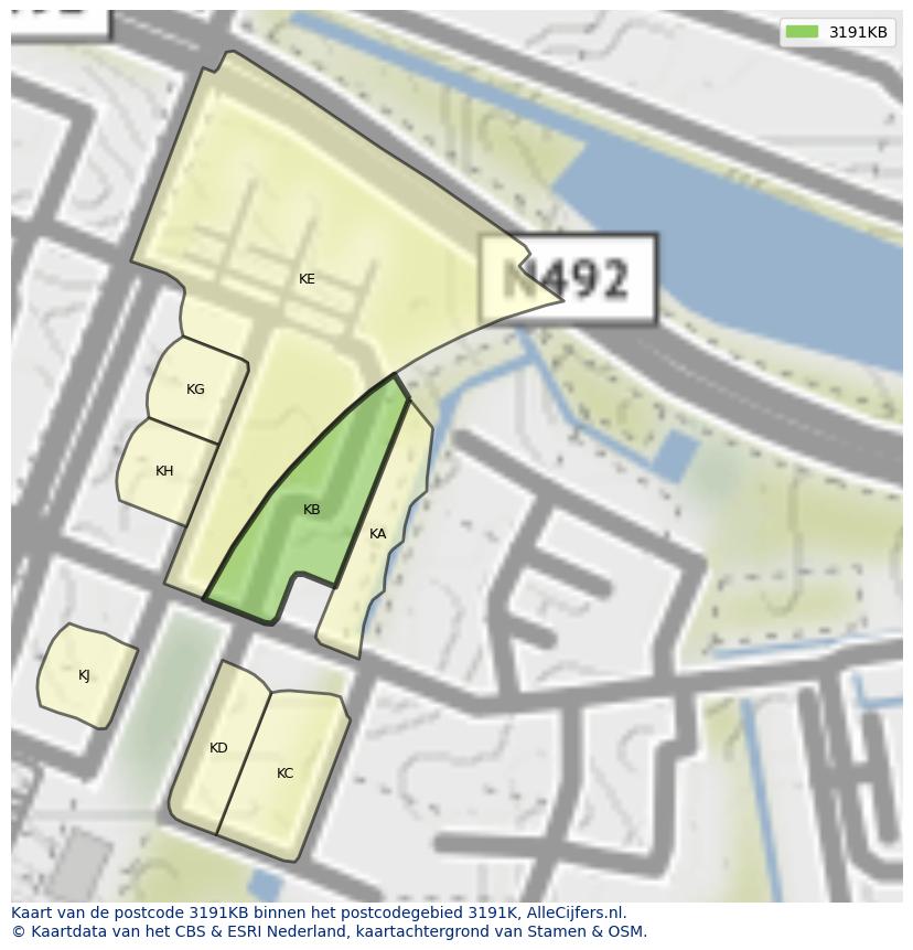 Afbeelding van het postcodegebied 3191 KB op de kaart.