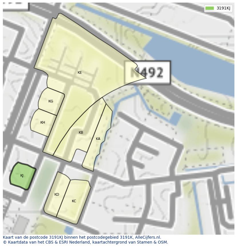 Afbeelding van het postcodegebied 3191 KJ op de kaart.