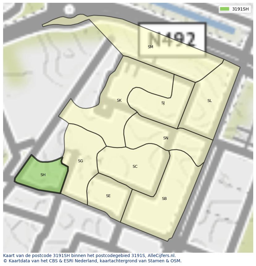 Afbeelding van het postcodegebied 3191 SH op de kaart.
