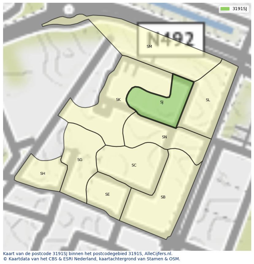 Afbeelding van het postcodegebied 3191 SJ op de kaart.