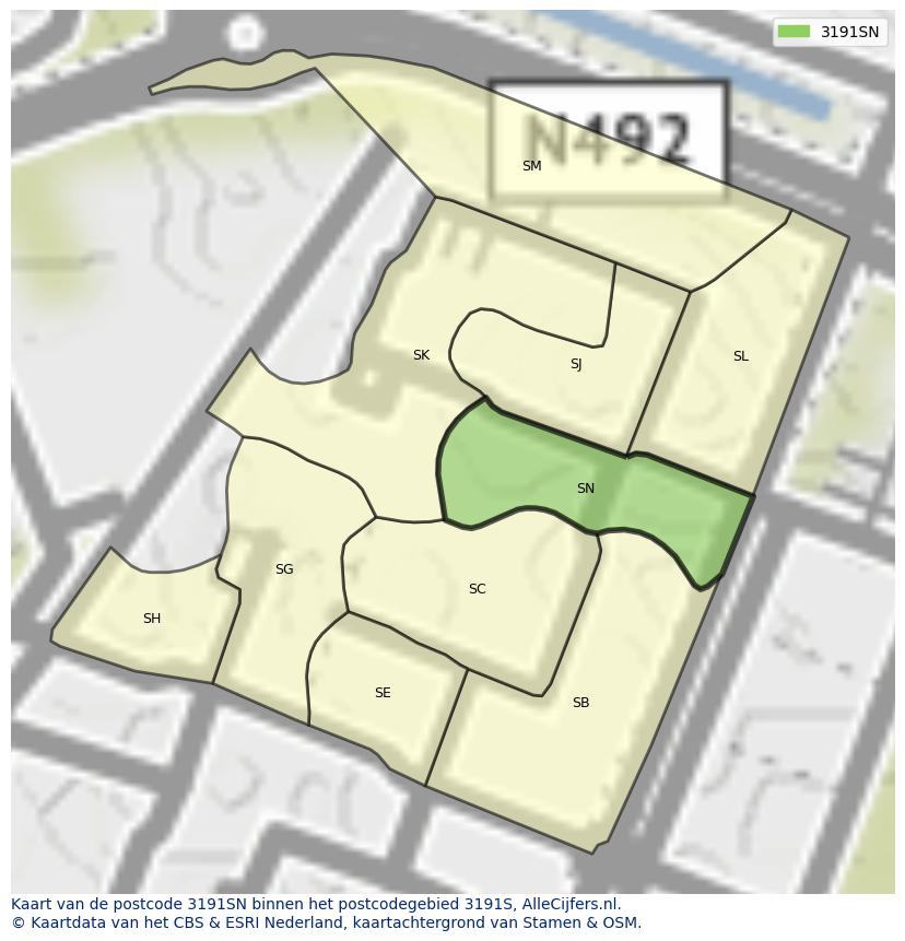 Afbeelding van het postcodegebied 3191 SN op de kaart.
