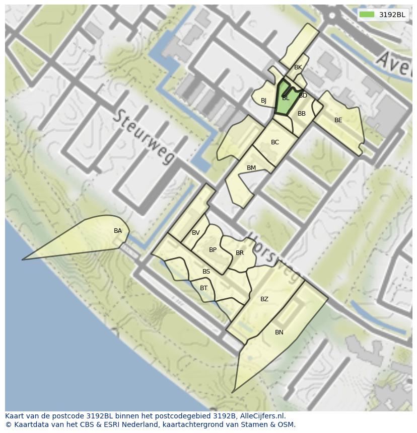Afbeelding van het postcodegebied 3192 BL op de kaart.