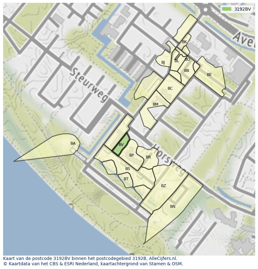 Afbeelding van het postcodegebied 3192 BV op de kaart.