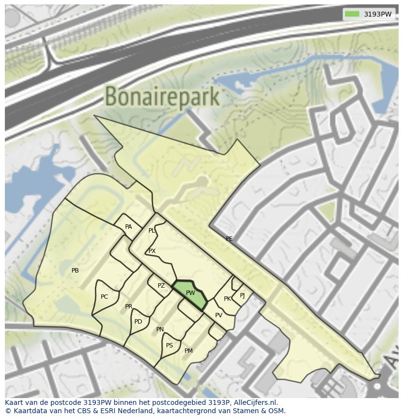 Afbeelding van het postcodegebied 3193 PW op de kaart.