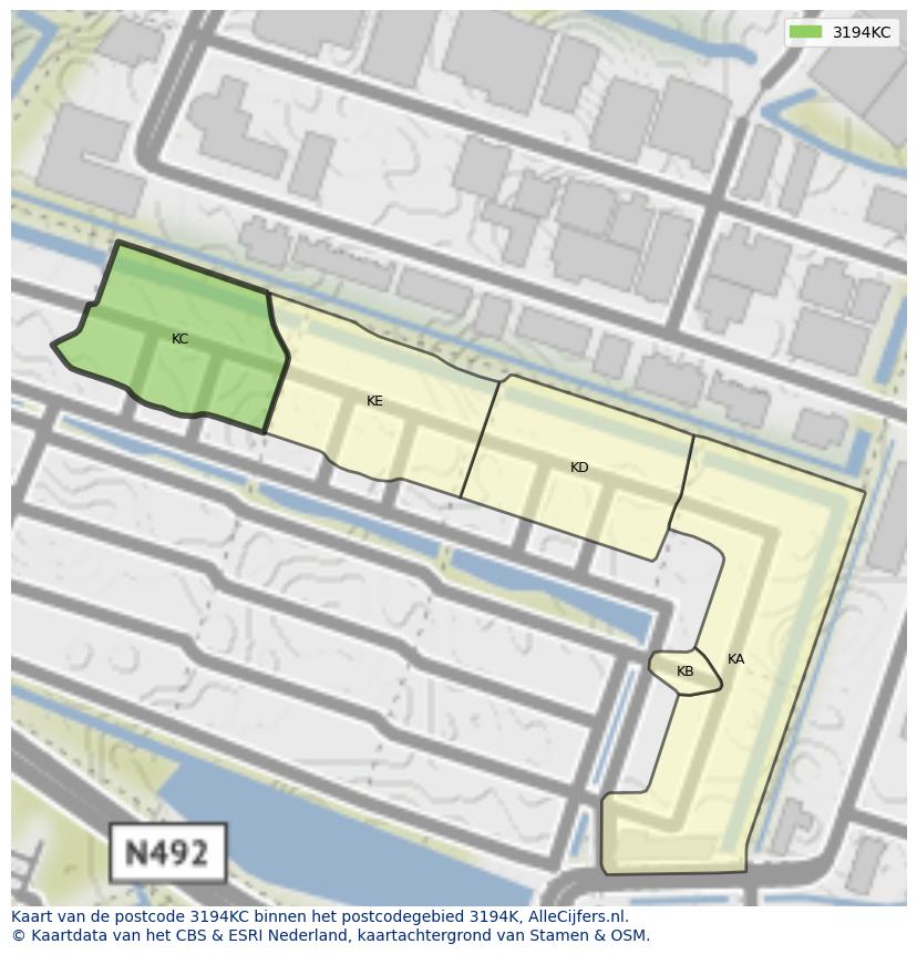 Afbeelding van het postcodegebied 3194 KC op de kaart.