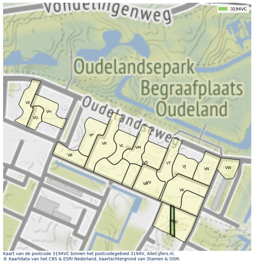 Afbeelding van het postcodegebied 3194 VC op de kaart.