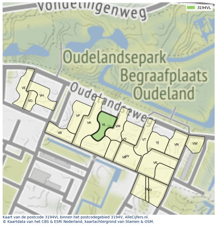 Afbeelding van het postcodegebied 3194 VL op de kaart.