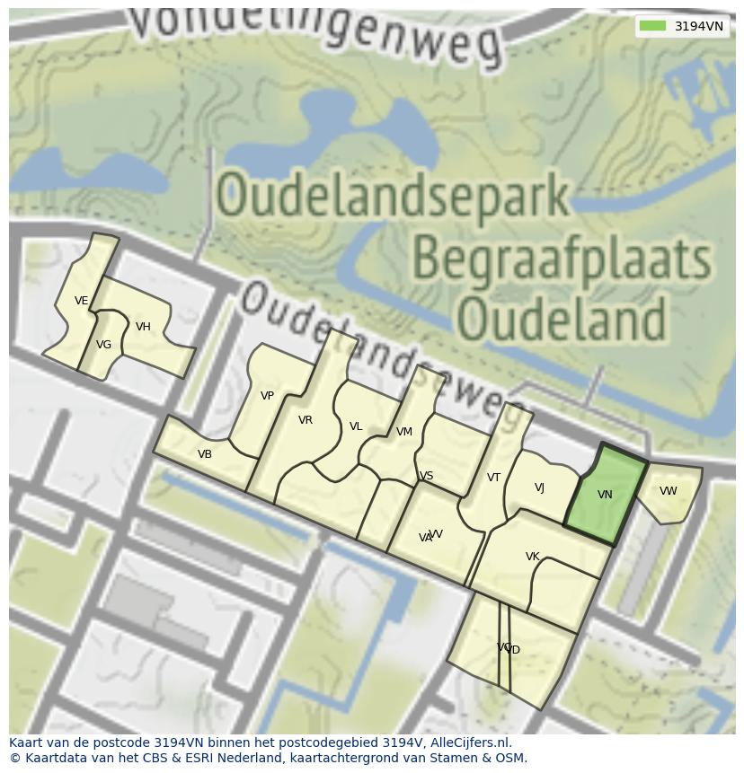 Afbeelding van het postcodegebied 3194 VN op de kaart.