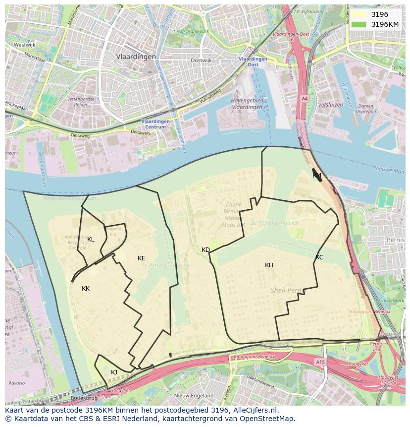 Afbeelding van het postcodegebied 3196 KM op de kaart.