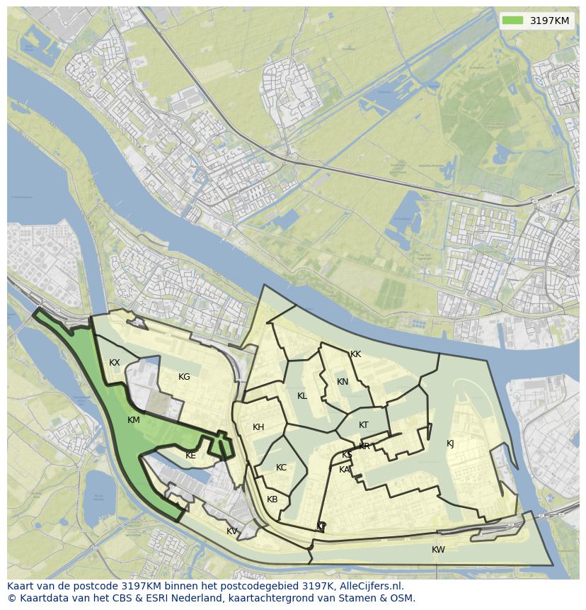 Afbeelding van het postcodegebied 3197 KM op de kaart.