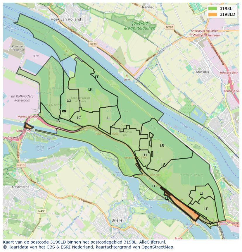 Afbeelding van het postcodegebied 3198 LD op de kaart.