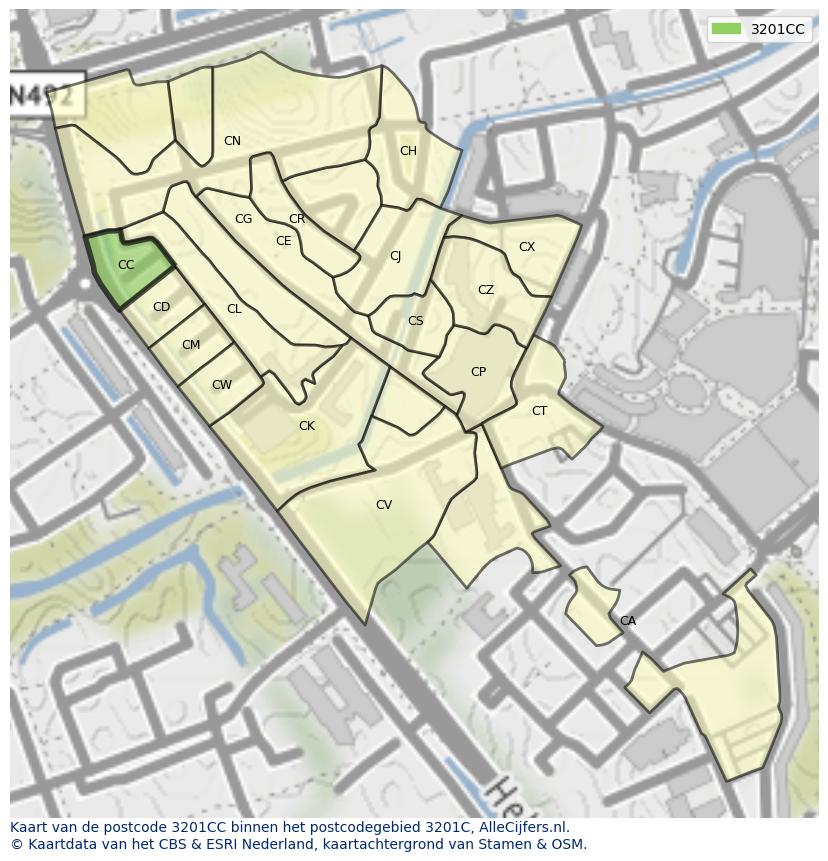 Afbeelding van het postcodegebied 3201 CC op de kaart.