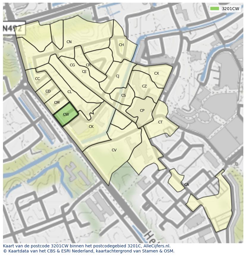 Afbeelding van het postcodegebied 3201 CW op de kaart.