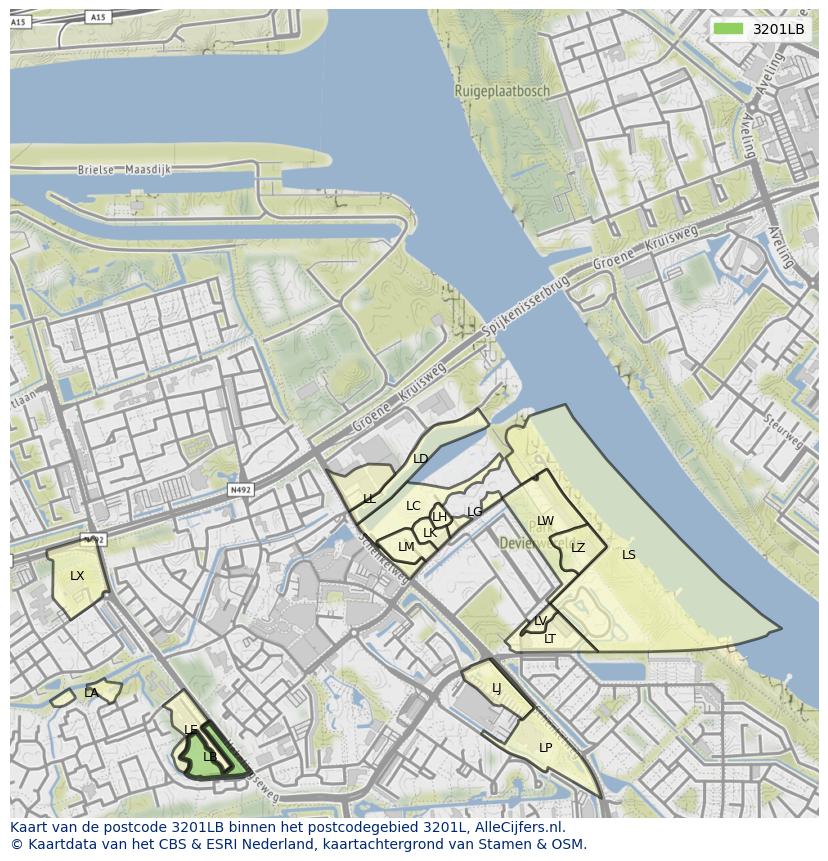 Afbeelding van het postcodegebied 3201 LB op de kaart.