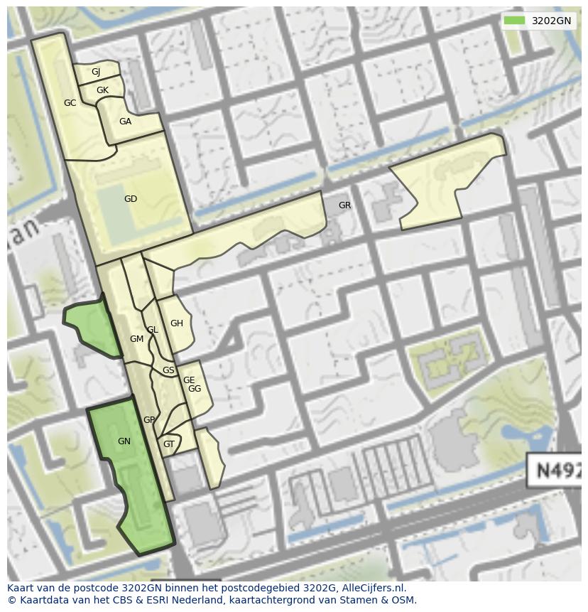 Afbeelding van het postcodegebied 3202 GN op de kaart.