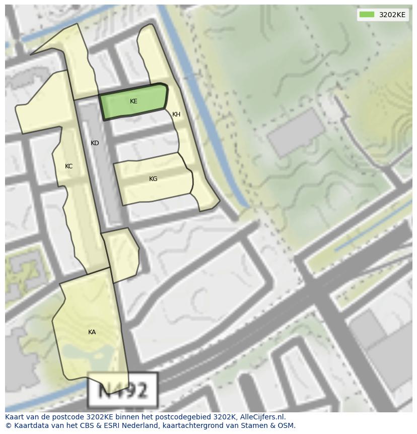 Afbeelding van het postcodegebied 3202 KE op de kaart.