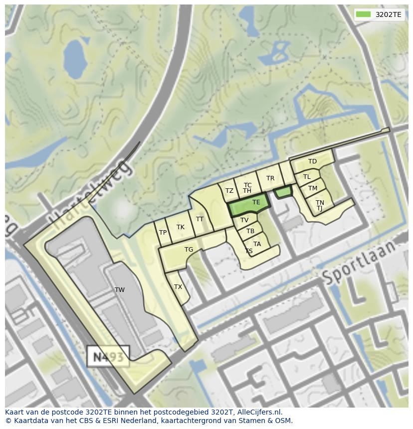 Afbeelding van het postcodegebied 3202 TE op de kaart.