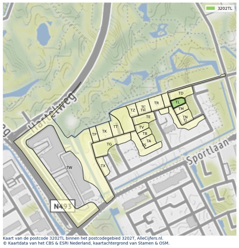 Afbeelding van het postcodegebied 3202 TL op de kaart.