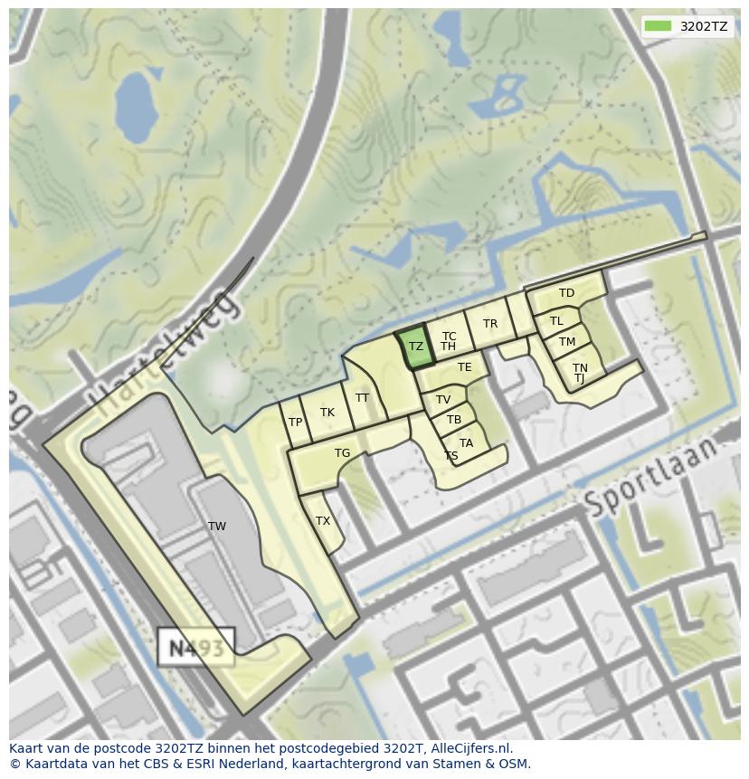 Afbeelding van het postcodegebied 3202 TZ op de kaart.