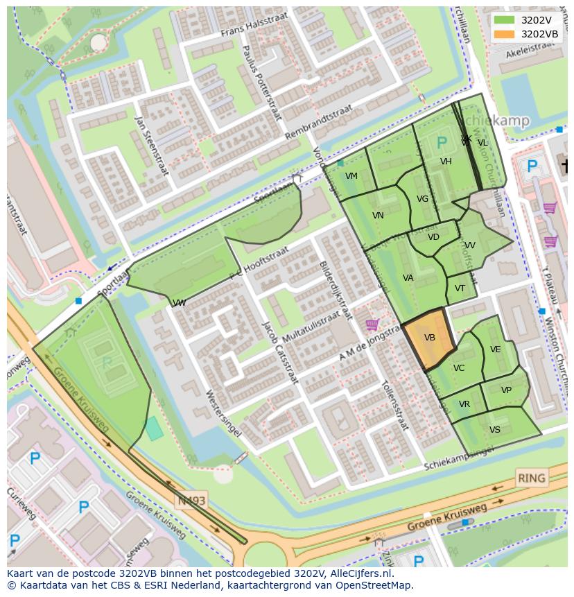 Afbeelding van het postcodegebied 3202 VB op de kaart.