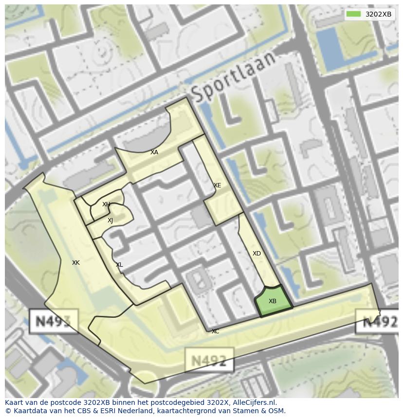 Afbeelding van het postcodegebied 3202 XB op de kaart.