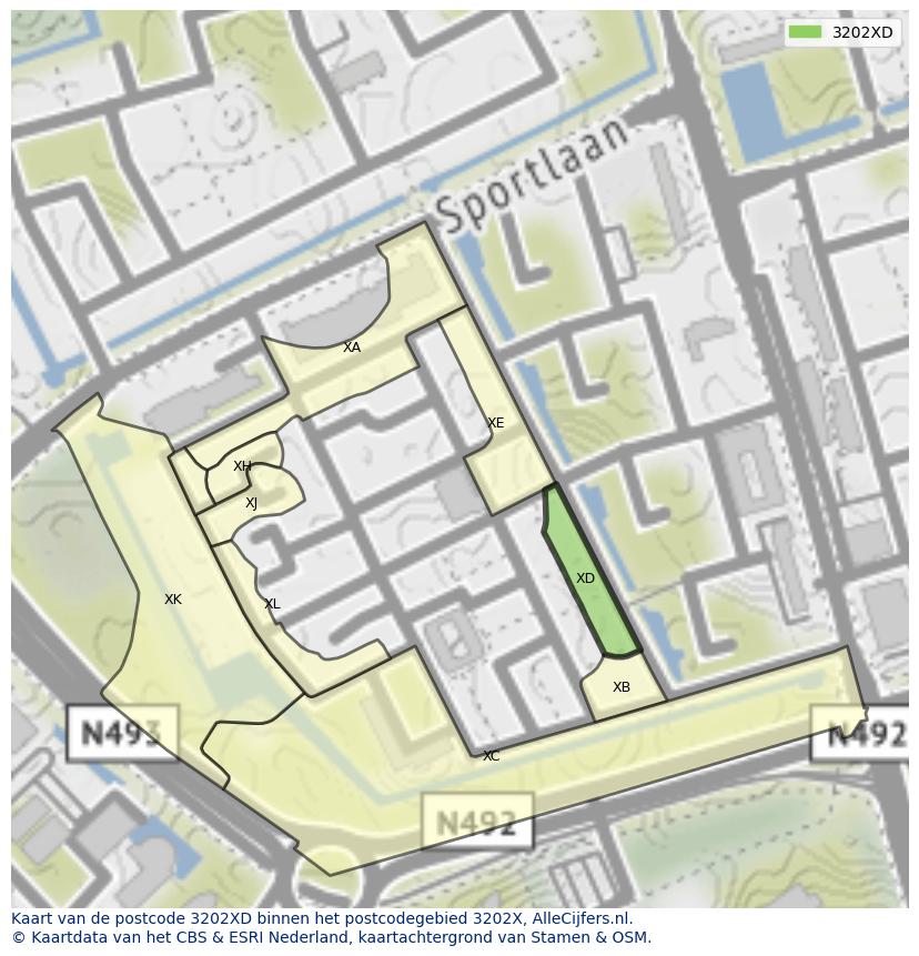 Afbeelding van het postcodegebied 3202 XD op de kaart.