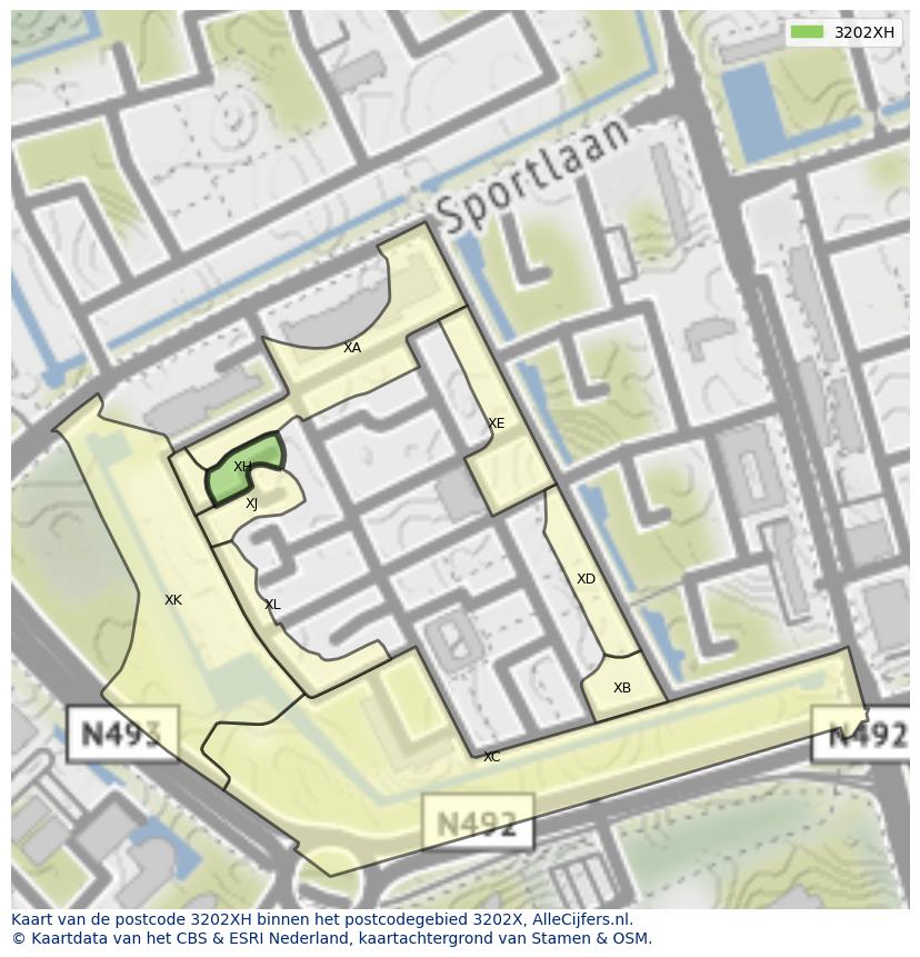 Afbeelding van het postcodegebied 3202 XH op de kaart.
