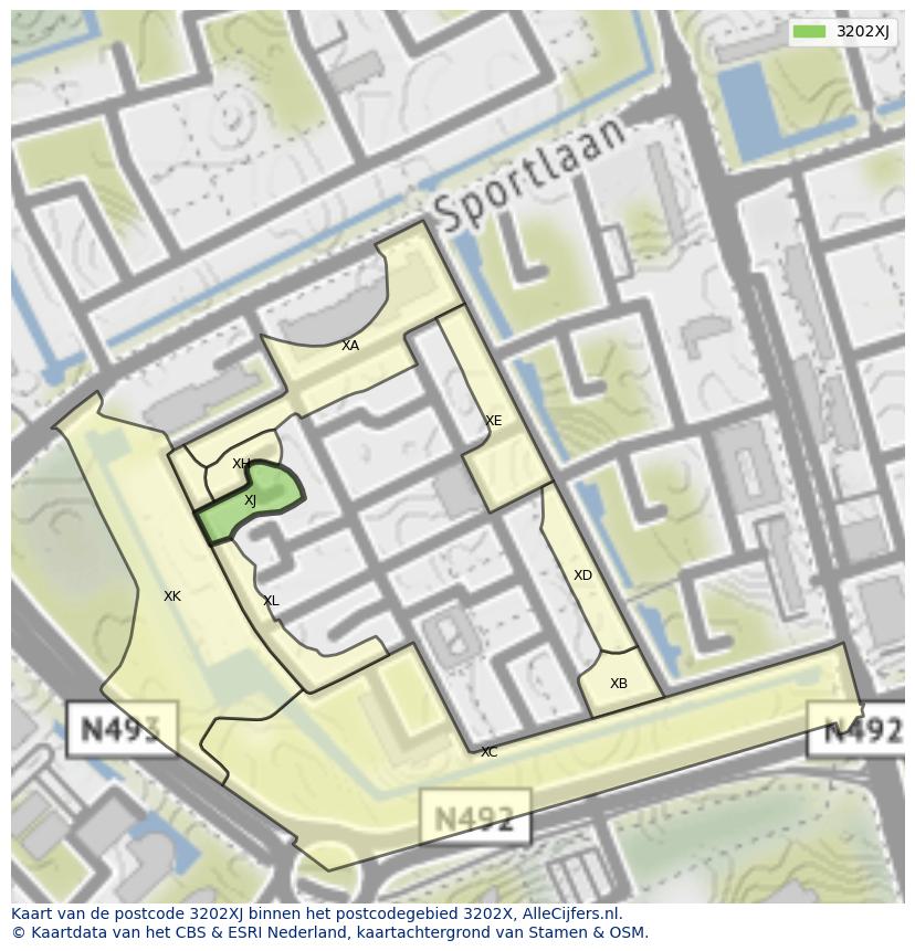 Afbeelding van het postcodegebied 3202 XJ op de kaart.