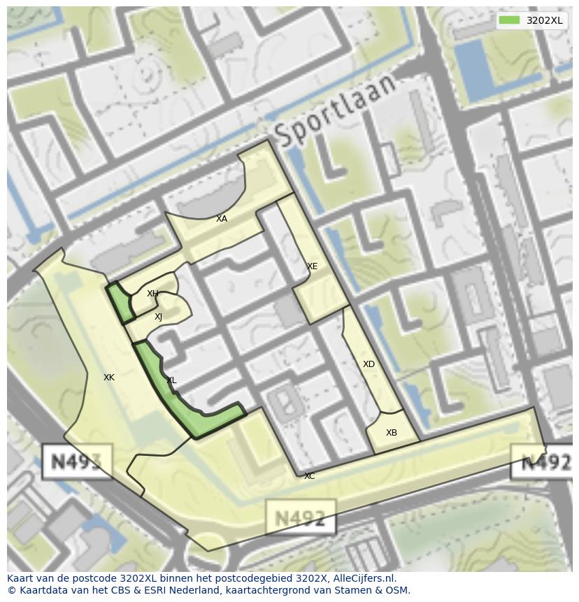 Afbeelding van het postcodegebied 3202 XL op de kaart.