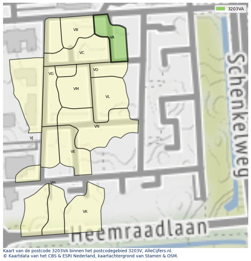 Afbeelding van het postcodegebied 3203 VA op de kaart.