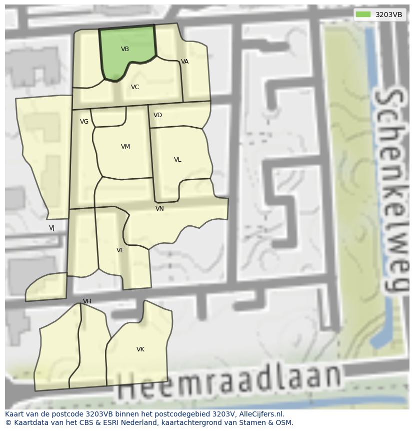 Afbeelding van het postcodegebied 3203 VB op de kaart.