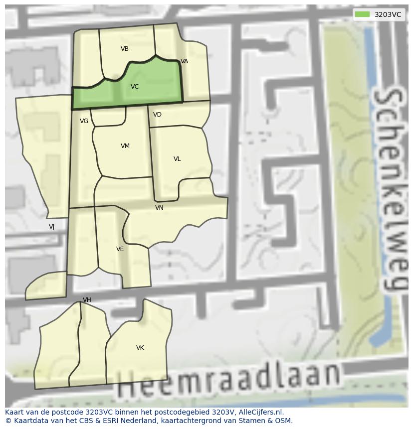 Afbeelding van het postcodegebied 3203 VC op de kaart.