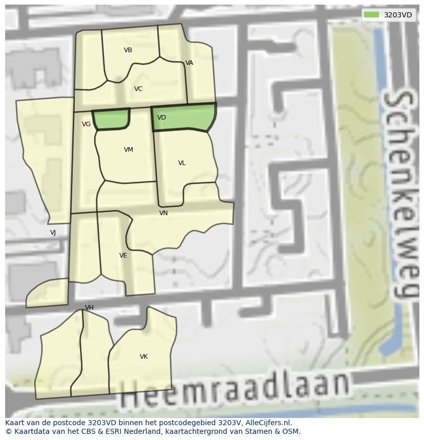 Afbeelding van het postcodegebied 3203 VD op de kaart.