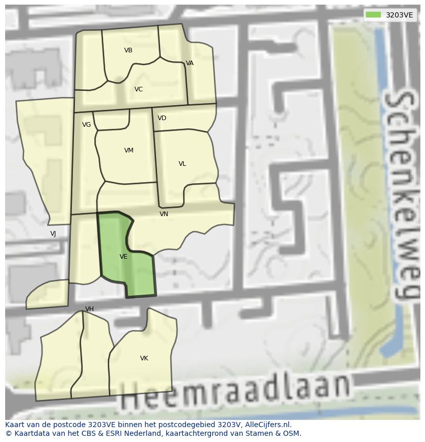 Afbeelding van het postcodegebied 3203 VE op de kaart.