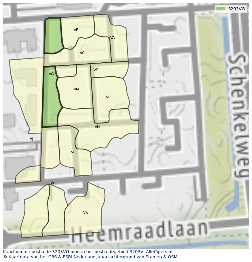 Afbeelding van het postcodegebied 3203 VG op de kaart.